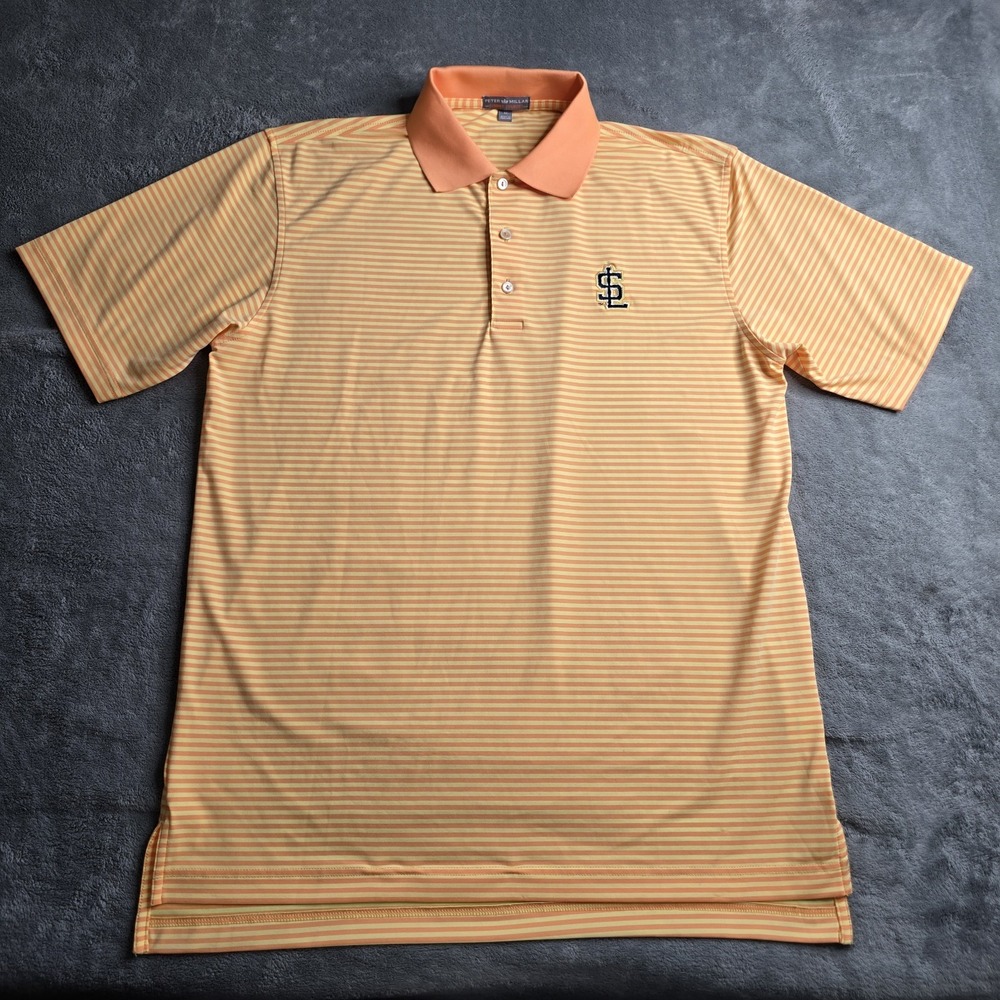 Peter Millar Polo Mens Medium Orange Yellow Striped Summer Comfort Salt Lake Bee
